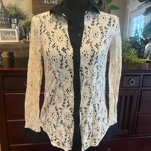 Anthropologie Vanessa Virginia Lace Button Down Shirt - Black and Cream Sz 0
